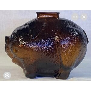 Vintage Amber Glass Piggy Bank Textured Retro 70s Pig Coin Bank Functional